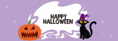 Parti davetiyesi için Cadılar Bayramı arkaplanı, tebrik kartı, kabaklı pankart ve cadı şapkası takan siyah kedi. Dekorasyon, reklam, selamlama, afiş, poster, kapak, baskı için tasarım