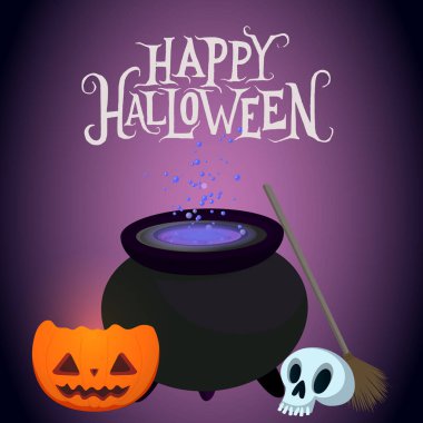 Cadılar Bayramı posterinde cadı kazanı, balkabağı, kafatası ve süpürge var. Dekorasyon, reklam, selamlama, afiş, poster, kapak, baskı için modaya uygun düz tasarım
