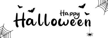 Yarasalı, örümcek ağlı ve asılı örümcekli basit siyah beyaz Cadılar Bayramı afişi. Tebrik kartı, poster, afiş, broşür ve davetiye için moda tasarımı