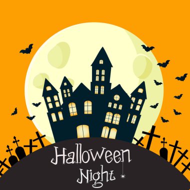 Mutlu Cadılar Bayramı. Dolunay altında cadılar bayramı gecesi için mezarlık ve yarasalarla dolu perili bir ev. Parti davetiyeleri, sosyal medya ve festival organizasyonları için mükemmel..