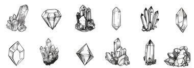 Kristal vektör çizimi. Elmas şekilli geometrik siluet kristaller. Mücevher tasarımı ve dekoratif konsept için çeşitli değerli taş şekilleri