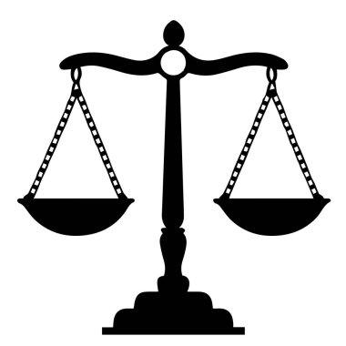 Adalet terazisinin silueti beyaz arka planda izole edilmiş denge ve adaleti sembolize ediyor. Hukukun sembolü