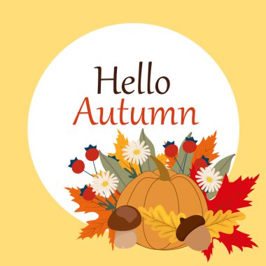 Merhaba, balkabağı, meşe palamudu ve yapraklı sonbahar afişi, sarı arka planda şenlik tasarımı. Şükran Günü ve Hasat Günü geçmişi. Kapak, poster, sosyal medya, afiş, el ilanı için vektör şablonu