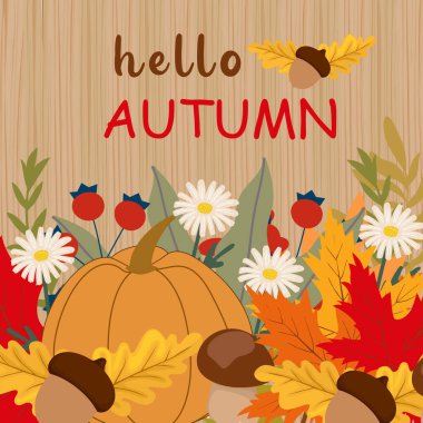 Hello autumn greeting with pumpkin, acorns, leaves, and flowers, festive seasonal design on wooden background. Autumn background, cover, sale banner, flyer, advertising, web, social media.  clipart