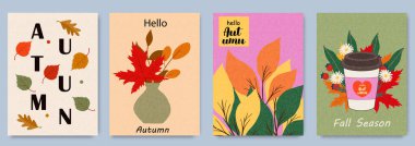 Güz sezonunun modaya uygun tebrik kartı, poster, soyut yaprak tasarımları, canlı renkler. Reklam, web, sosyal medya için sonbahar çizimleri şablonu. 