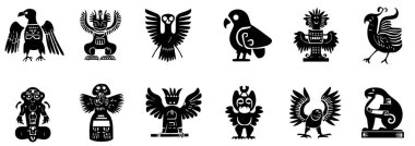  Eski Mısır mitolojik sembollerinin silueti seti. Eski Mısırlıların vektör illüstrasyonu. 