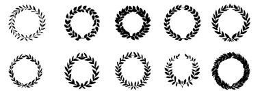 Minimalist dekorasyon için siyah beyaz defne çelengi koleksiyonu. Çiçeklerin amblemi Yunan şubesinin düz simgeleri