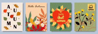  Renkli güz yaprakları, çiçekleri ve sonbaharı kutlayan mevsimsel illüstrasyonları olan moda sanat tarzı sonbahar tebrik kartı tasarımları. Reklam, web, sosyal medya, afiş veya el ilanı tasarımı şablonu