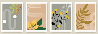 Modern geometrik şekiller ve organik bitki elementleriyle bir dizi minimalist sonbahar botanik sanatı. Mevsimlik selamlama ve terfiler, afişler, reklamlar, sosyal medya için tasarım şablonu