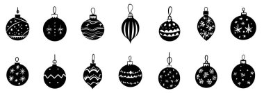 Minimalist tarzda dekoratif desenli süslemeli Noel topu düz silueti koleksiyonu. Yeni yıl tabelası, ikon koleksiyonu kutsal, ev, geyik ve şeker, kar taneleri, çorap.