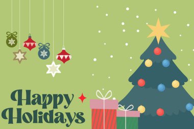 Noel ağacının süslendiği, süslendiği ve paketlendiği mutlu bayram tebrik kartları. Şenlikli tipografi ile modern güzel Xmas tasarımı. Küçük resim posteri, kapak şablonu