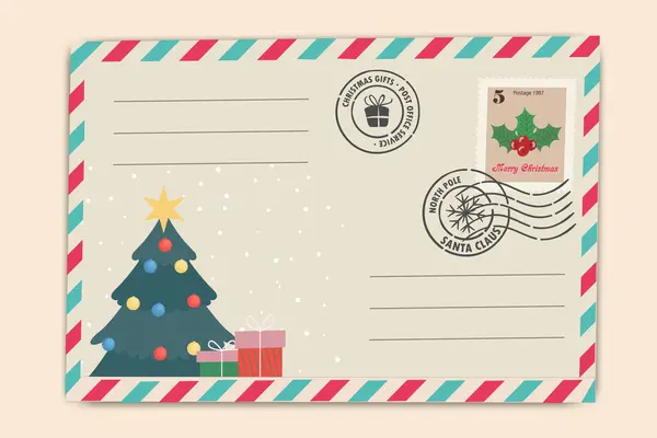 İçinde Noel ağacı ve bayramlık posta pulu bulunan hediyeler olan klasik bir Noel kartı şablonu. Mutlu noel kartları. Kış Tatili Vintage Tebrik Kartı.