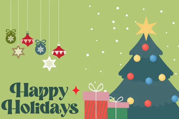 Noel ağacının süslendiği, süslendiği ve paketlendiği mutlu bayram tebrik kartları. Şenlikli tipografi ile modern güzel Xmas tasarımı. Küçük resim posteri, kapak şablonu