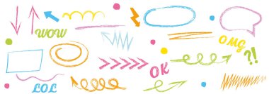 Boya kalemi renkli fırça el çizimi tebeşir vektör elementi ayarlandı. Pastel desenli fırça darbeleri kare, spiral, ok elementli el çizimi tasarım. Boya kalemi stili.