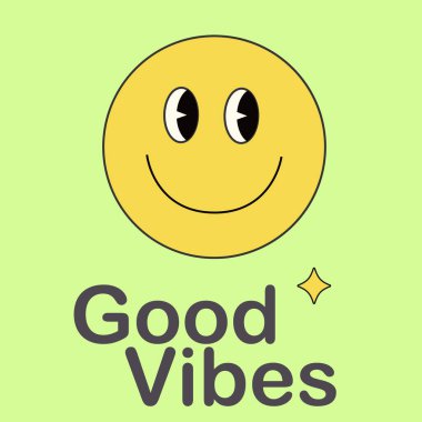 Parlak yeşil arkaplanda Good Vibes yazılı sarı gülen yüz. Moda emoji karakteri maskotu. Çizgi film hippi 70 'lerin harfli posteri. Modaya uygun geçmişe dönük vektör logosu.