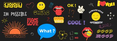 Renkli moda çıkartmalar vektör tasarımı içeriyor. Pop Art gülümseme bantları. Moda Y2K emoji elementleri. Kelimeler, emojiler ve koyu arkaplanda pozitif ifadeler olan semboller.