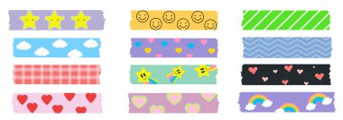 Yıldızlar, bulutlar, kalpler, çizgiler ve gökkuşağı gibi sevimli desenli renkli washi kasetleri. Renkli albüm şeritleri, yapışkan etiket etiketleri ve dekoratif viski şeritleri.