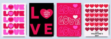 Minimalist Sevgililer Günü kartı koleksiyonu. Kalp, çizgi sanatı ve modern tipografi içeren şenlikli tasarım. Reklam, markalaşma, afiş, kapak, etiket, poster baskısı için şablon