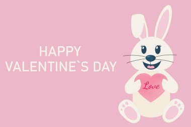 Şirin Sevgililer Günü kartı, pembe arka planda kalbi tutan sevimli bir tavşan. Sevimli bir illüstrasyon sevgililer günü ve küçük sevimli tavşan kalbini tutuyor. Bayram afişi, satış afişi, sosyal medya