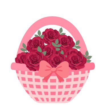 Sepet gülleri. Kırmızı güllerle dolu romantik pembe sepet ve dekoratif fiyonkla süslenmiş yeşil yapraklar. Afişler, kartlar, el ilanları, kutlama, düğün, davetiye, sosyal medya duvar kağıtları için tasarım.