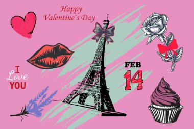 Valentines Day halftone collage featuring the Eiffel Tower, hearts, roses, cupcakes, and romantic symbols on a pink background. Trendy vintage collage vector illustration clipart