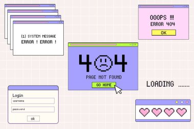 Retro style error page design with 404 message, login screen, and loading animation on a pastel grid background clipart