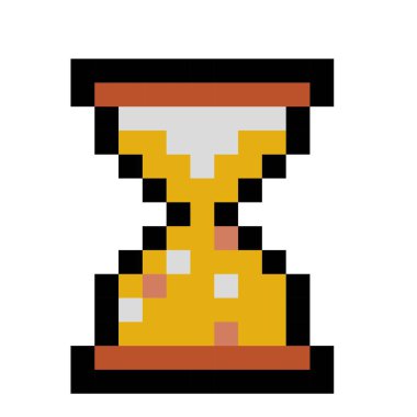 Beyaz arka planda izole edilmiş, geçmişe dönük 8 bitlik sarı kumlu pikselli kum saati. Oyun arayüzü, pikselleştirilmiş yaşam çubuğu ve menü düğmesi. Düğme 8 bit piksel