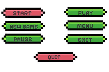 Piksel sanatı video oyunu menüsü arayüzü klasik 8-bit tarzında başlat, çal, durdur ve çık düğmeleri