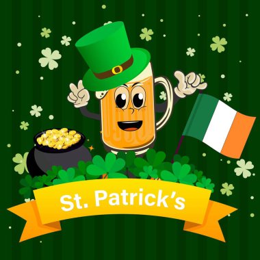  Cartoon beer mug with St. Patrick's Day theme, leprechaun hat, Irish flag, gold pot, clovers, and festive banner clipart