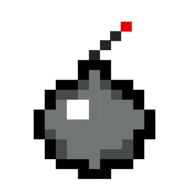Beyaz arka planda izole edilmiş, retro-8-bit tarzı yanan bir pikselli sanat bombası. Oyun arayüzü, pikselleştirilmiş yaşam çubuğu ve menü düğmesi. Düğme 8 bit piksel