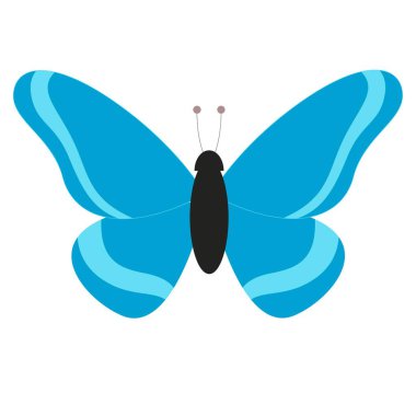 Bahar tasarımı için beyaz zemin üzerinde simetrik kanatları ve siyah gövdesi olan parlak mavi çizgi film kelebeği.