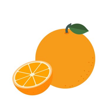 Yeşil yapraklı turuncunun düz stil çizimi ve tasarım için beyaz zemin üzerinde dilimlenmiş yarısı