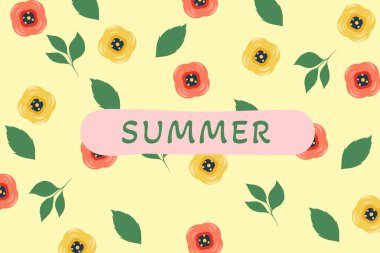 Sarı ve kırmızı çiçekli dekoratif yaz arkaplanı, yeşil yapraklar ve pastel pembe bayrak