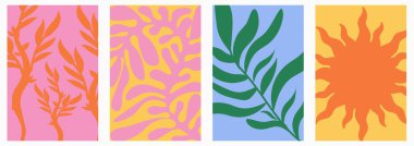 Düz vektör modern kompozisyonda tropikal yapraklı ve güneş sembollü soyut doğa çizimleri