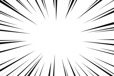 Beyaz zemin üzerinde dinamik siyah ışınlar, manga tarzı hareket enerjisi patlaması ile komik hız çizgisi patladı