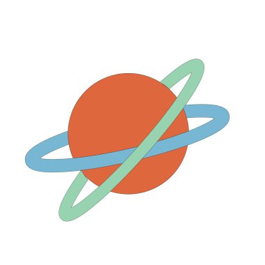 Beyaz zemin üzerinde en az şekilde kesişen mavi ve yeşil halkaları olan kırmızı gezegenin düz çizimi