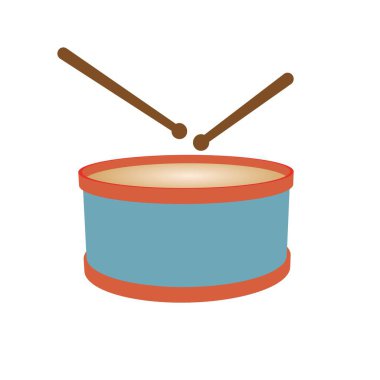 Baget çubuklu oyuncak davulun düz stil çizimi, çocuklar için basit bir çizgi film perküsyon enstrümanı