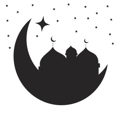 Hilal ay içindeki caminin siyah silüeti. Ramazan ayının beyaz arka planında yıldızlar var.
