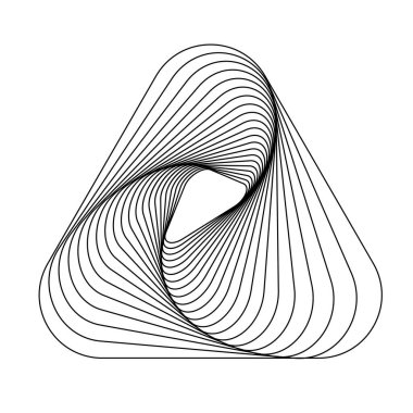 Eğri paralel çizgilerden oluşan geometrik soyut sarmal üçgen beyaz arkaplanda optik illüzyon oluşturur