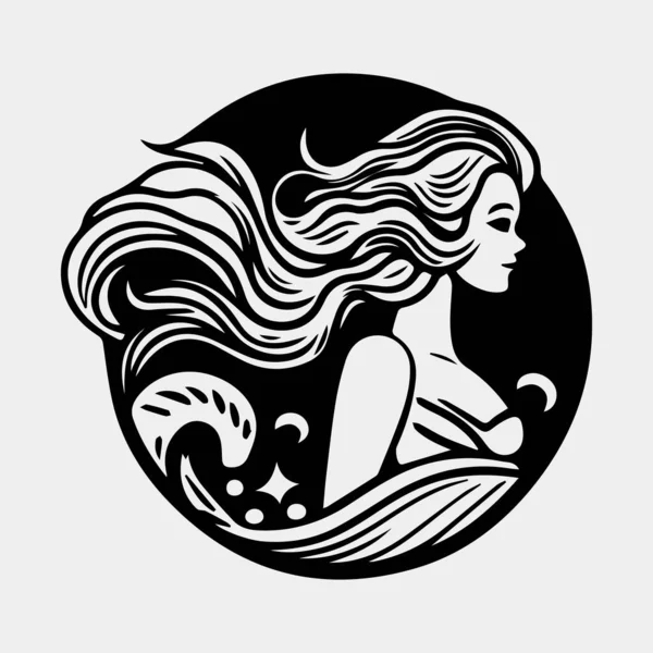 Beautiful Girl Long Hair Tattoo Style Vector Illustration — Stock Vector