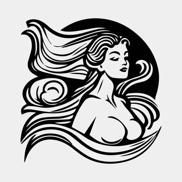 Красивая Девушка Длинными Волосами Стиле Татуировки Векторная Иллюстрация — стоковый вектор