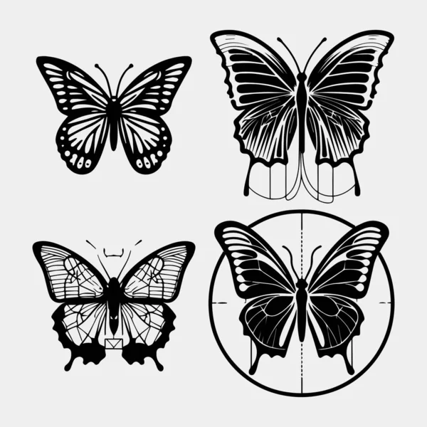 Farfalle Volanti Silhouette Set Nero Isolato Sfondo Trasparente — Vettoriale Stock