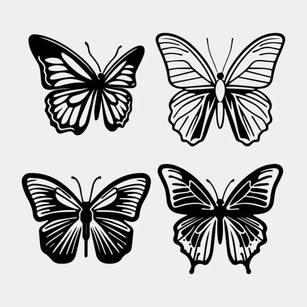 Fliegende Schmetterlinge Silhouette Schwarz Set Isoliert Auf Transparentem Hintergrund — Stockvektor