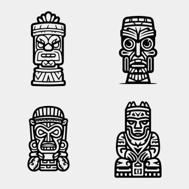 Tiki idolü seti. Beyaz arkaplanda izole edilmiş web tasarımı için basit tiki idol vektör simgeleri kümesi