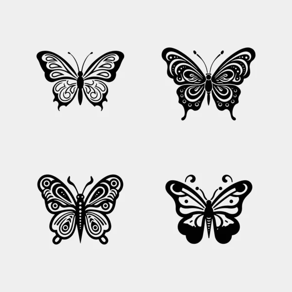 Sada Létajících Motýlů Silueta Černá Sada Izolované Průhledném Pozadí — Stockový vektor