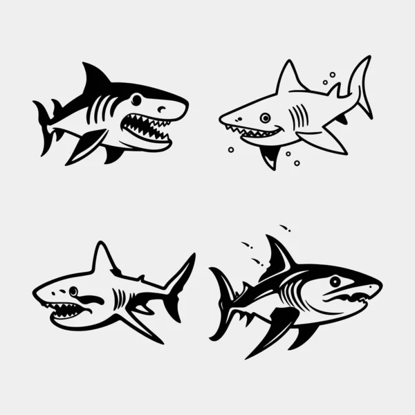 Set Sharks Cartoon Ocean Fish Character Comic Sharks Emotions Shark — Stock Vector