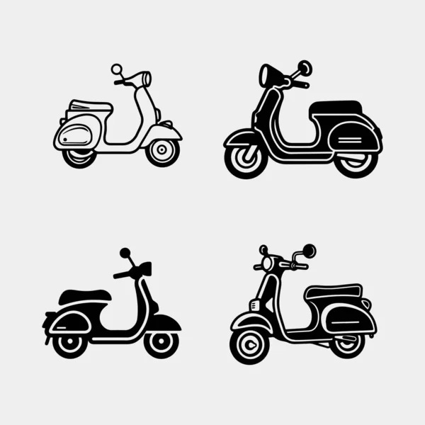 Conjunto Scooter Bicicleta Simples Silhueta Moto Vetor Isolado Fundo Branco — Vetor de Stock