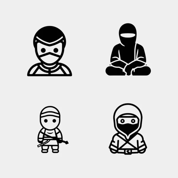 Set Cute Little Ninjas Various Poses Isolated White Background — Stock Vector