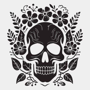 Siyah beyaz güllü insan kafatası, vektör çizimi