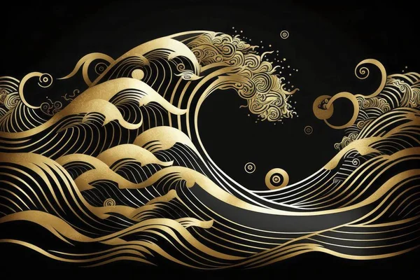 Beautiful wave like lines Black and gold Japanese style background illustration